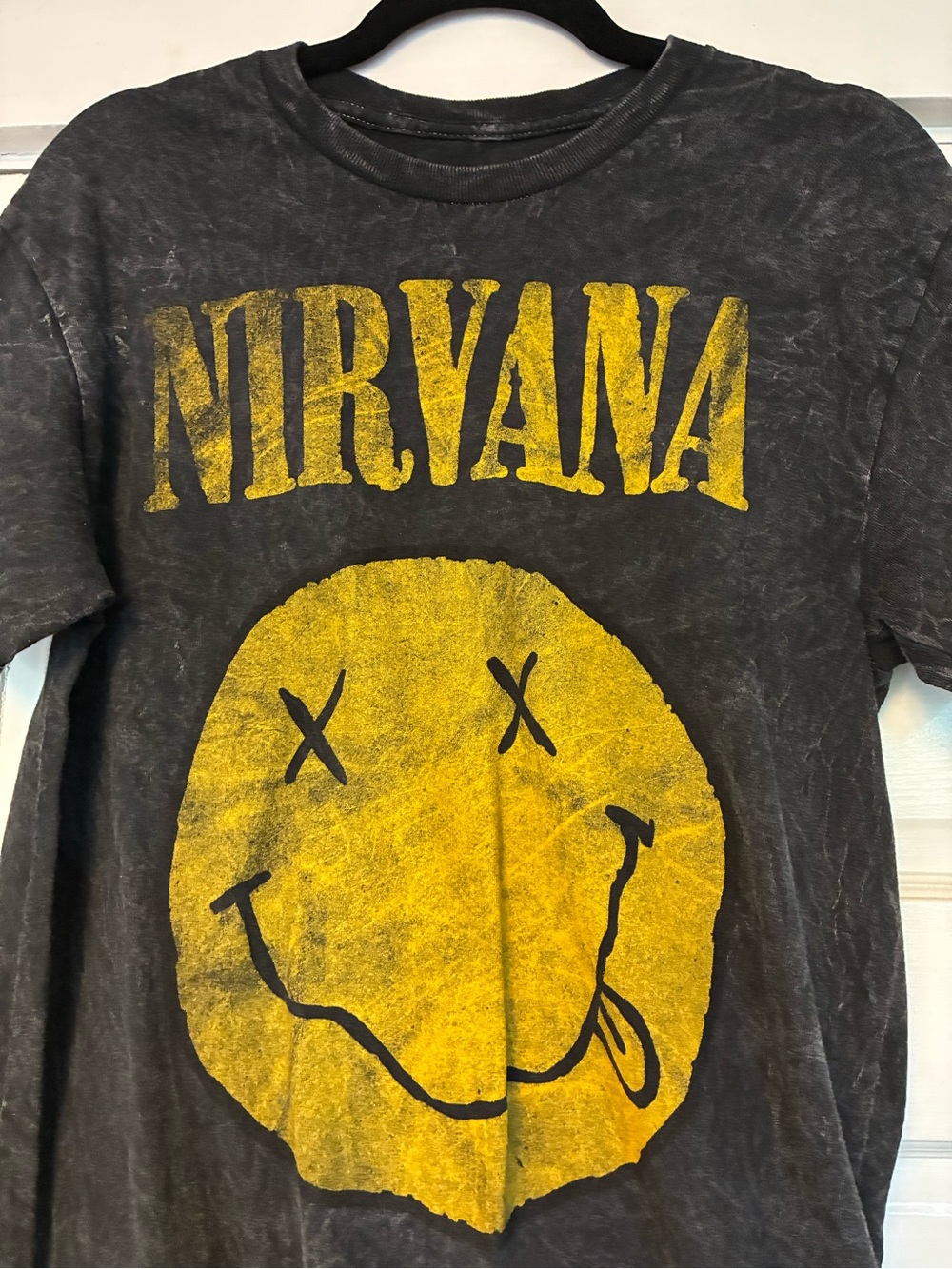 NIRVANA Black Short-Sleeve Tee with Yellow Smiley Graphic